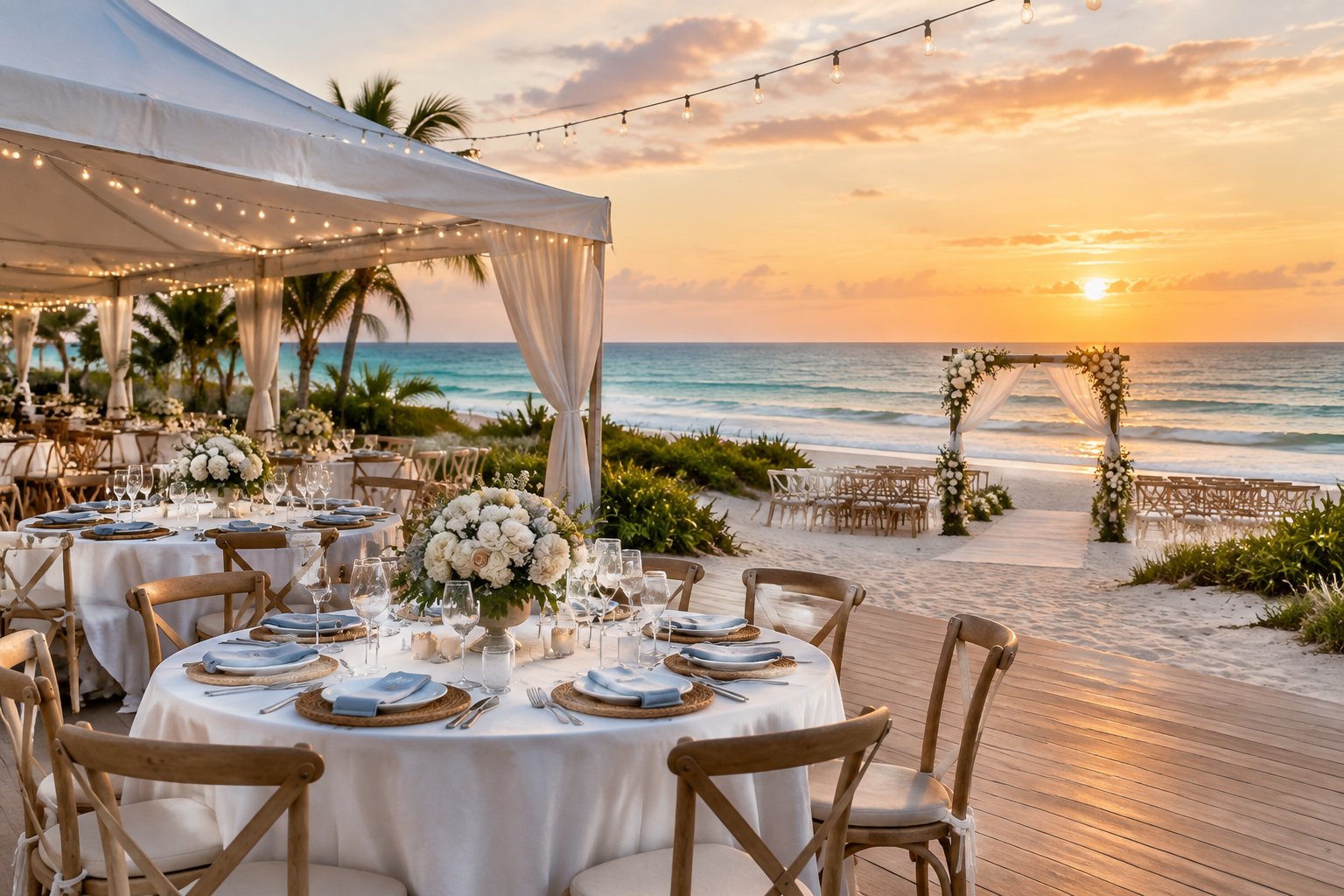 An elegant wedding venue with decorated tables and a ceremony arch beside a sandy beach at sunset.