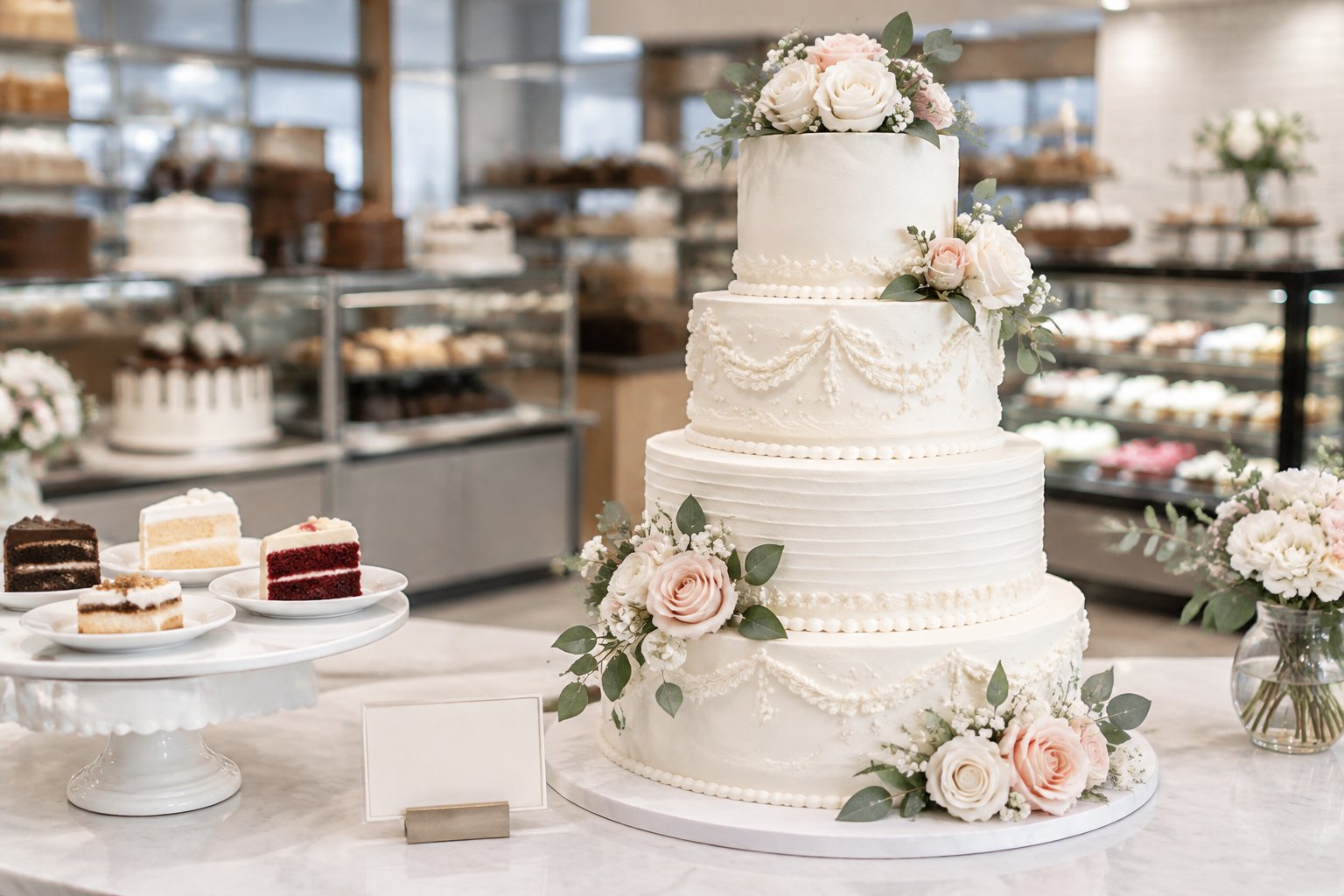 A decorated tiered wedding cake displayed on a bakery counter.