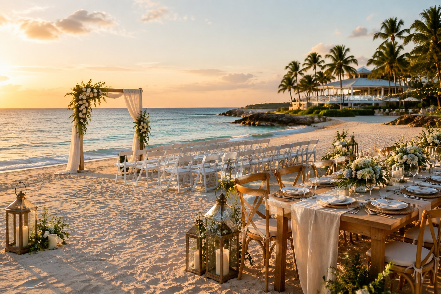An elegant wedding ceremony and reception setup on a sandy beach beside calm turquoise water.