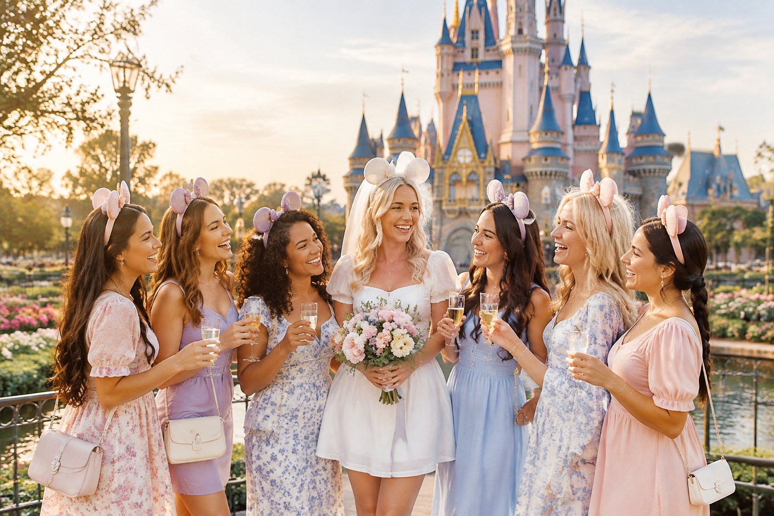 A group of women celebrating a hen party near a colorful fairytale castle at a theme park.
