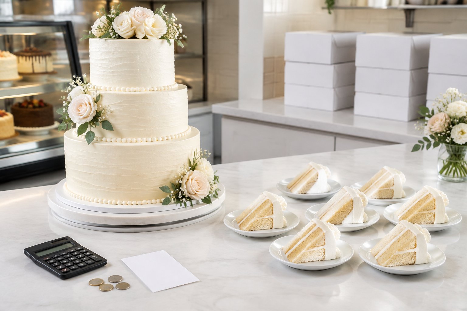 A tiered white wedding cake with serving slices, a calculator, and coins on a bakery counter.