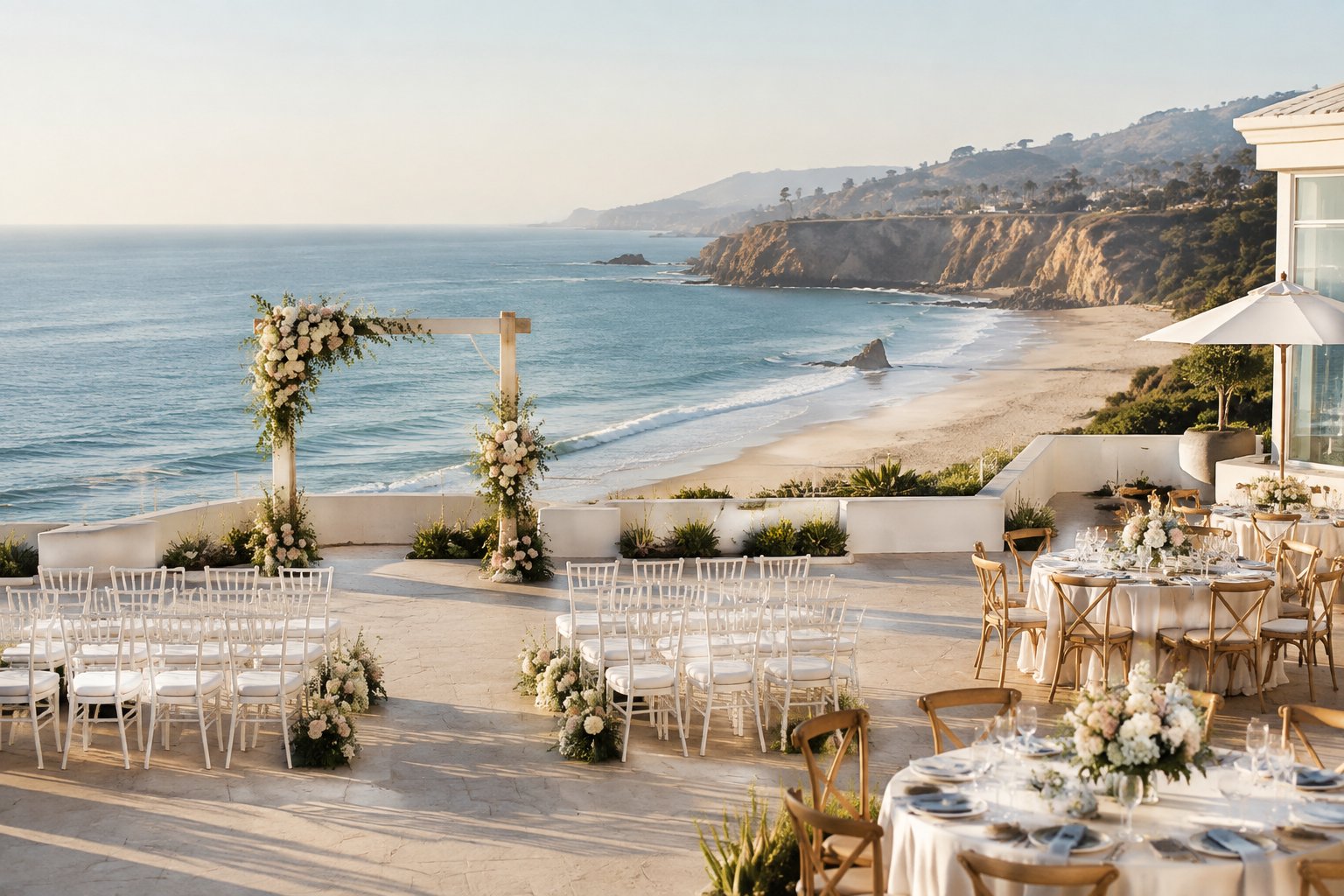 Elegant beach wedding venue on the California coast with a floral ceremony arch, white chairs, and ocean views.