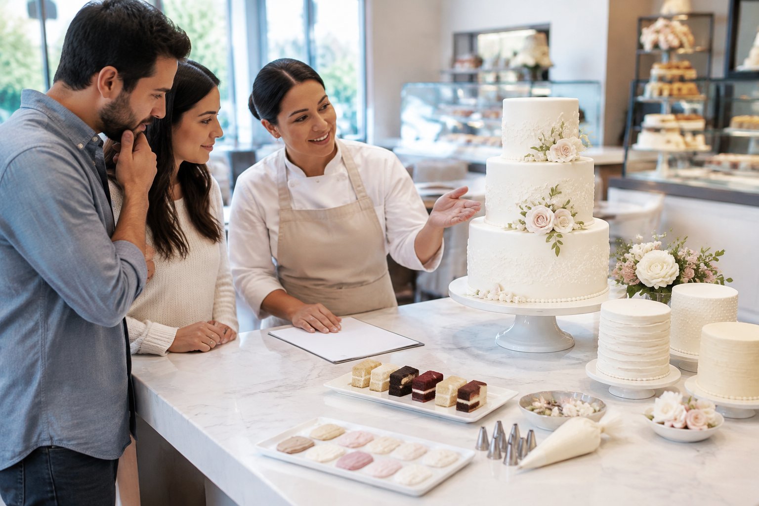 A baker discusses a tiered wedding cake and decorating options with an engaged couple at a bakery table.