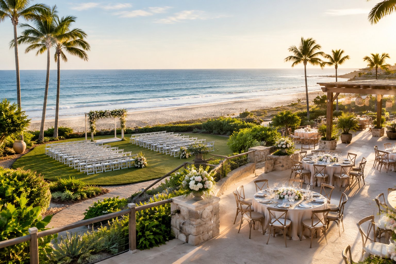 Elegant seaside wedding venue with white chairs, a floral arch, and a reception terrace overlooking the beach and ocean.