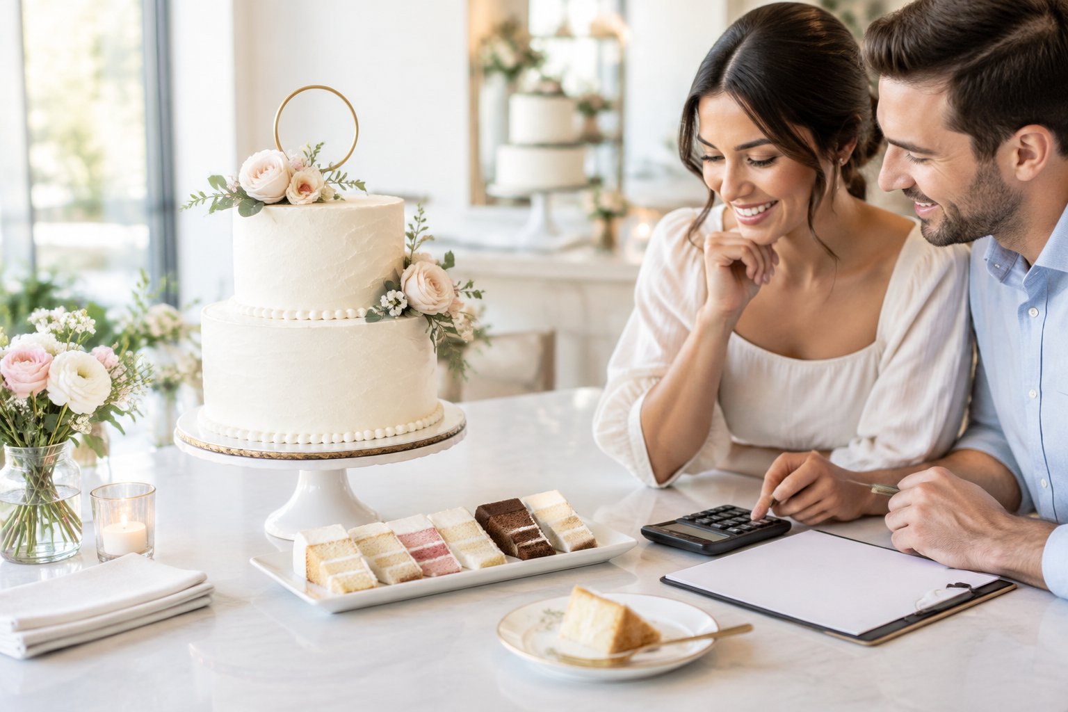 A couple compares simple wedding cake options beside an elegant two-tier cake.