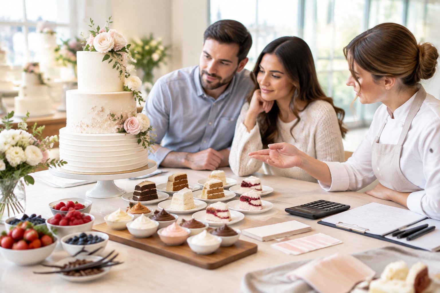 A couple discusses wedding cake designs and flavor samples with a cake consultant.