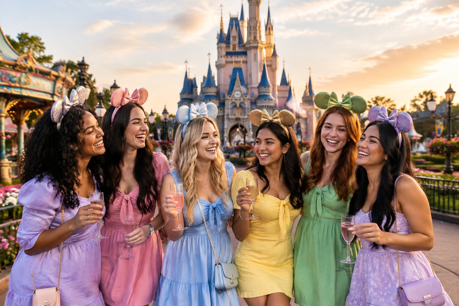 A group of women celebrating together in a colorful fairytale theme park.
