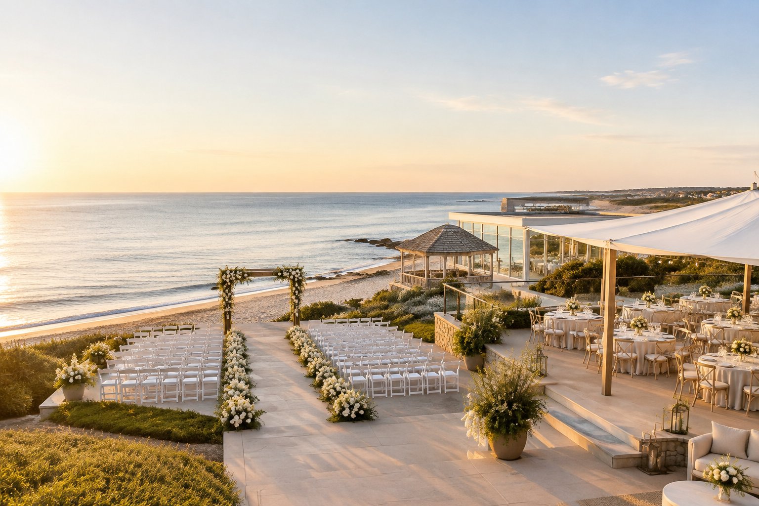 An elegant outdoor wedding setup overlooking a sandy beach and calm ocean.