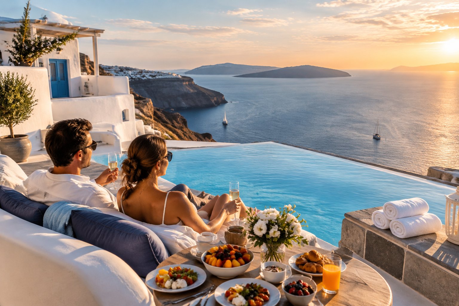 A couple relaxes on a luxurious Greek seaside resort terrace overlooking the Aegean Sea.