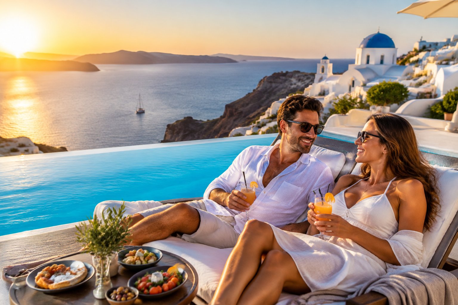 Newlywed couple relaxing at a luxurious Greek island resort overlooking the Aegean Sea.