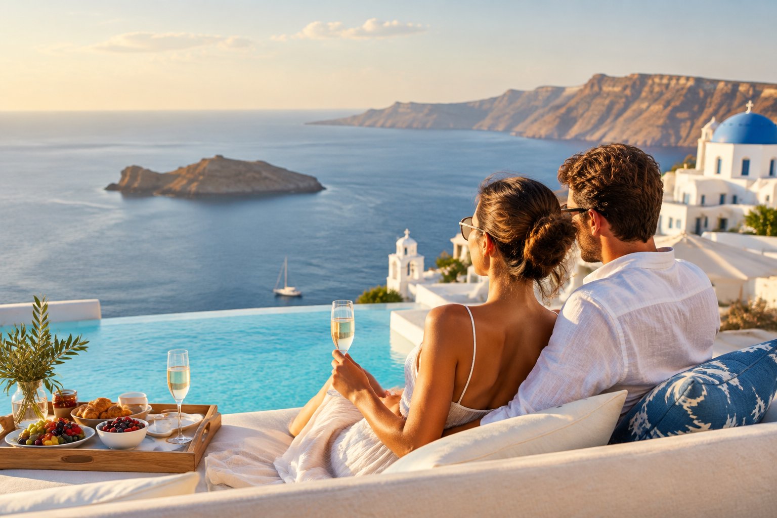 A newlywed couple overlooks a Greek island coastline from a sunny terrace with champagne and breakfast.