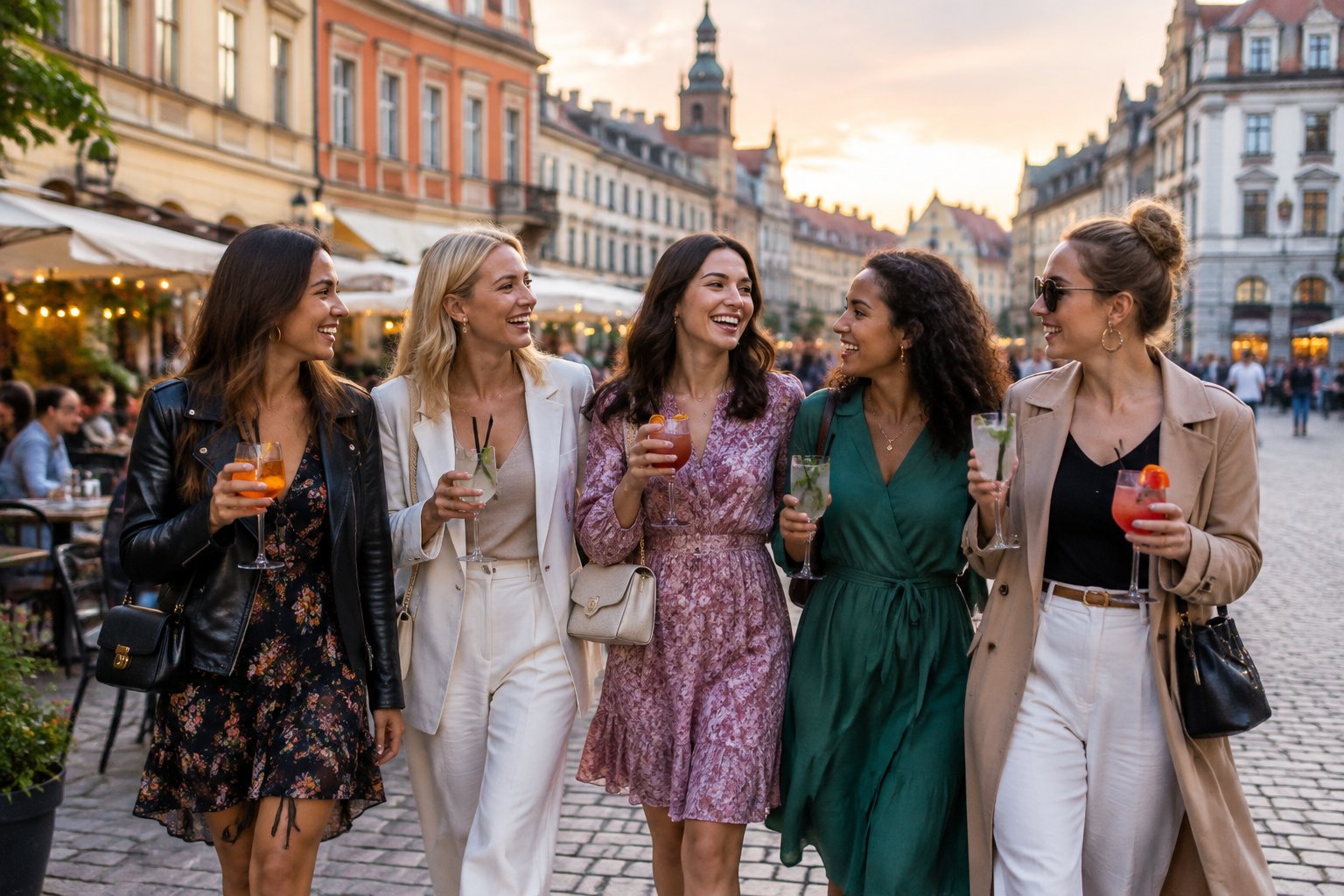 A group of friends enjoying drinks together on a lively historic European city street.