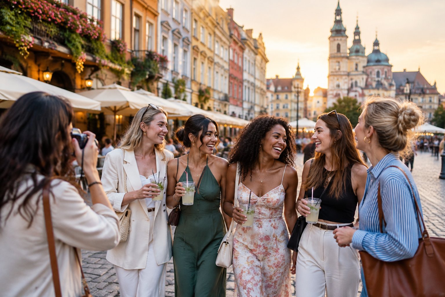 A group of friends laughing together at an outdoor café on a historic Eastern European street.
