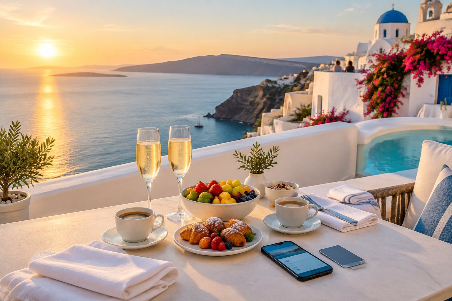 A luxury breakfast setup on a Greek island terrace overlooking the Aegean Sea.