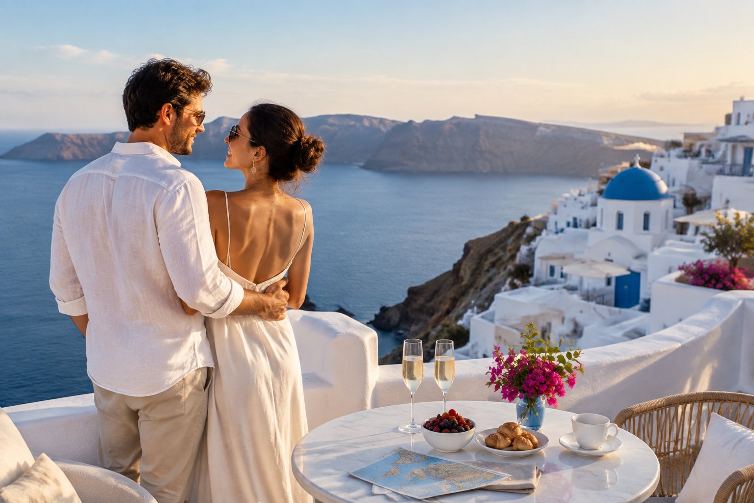 A newlywed couple stands on a Greek island terrace overlooking the blue Aegean Sea, with champagne and flowers nearby.