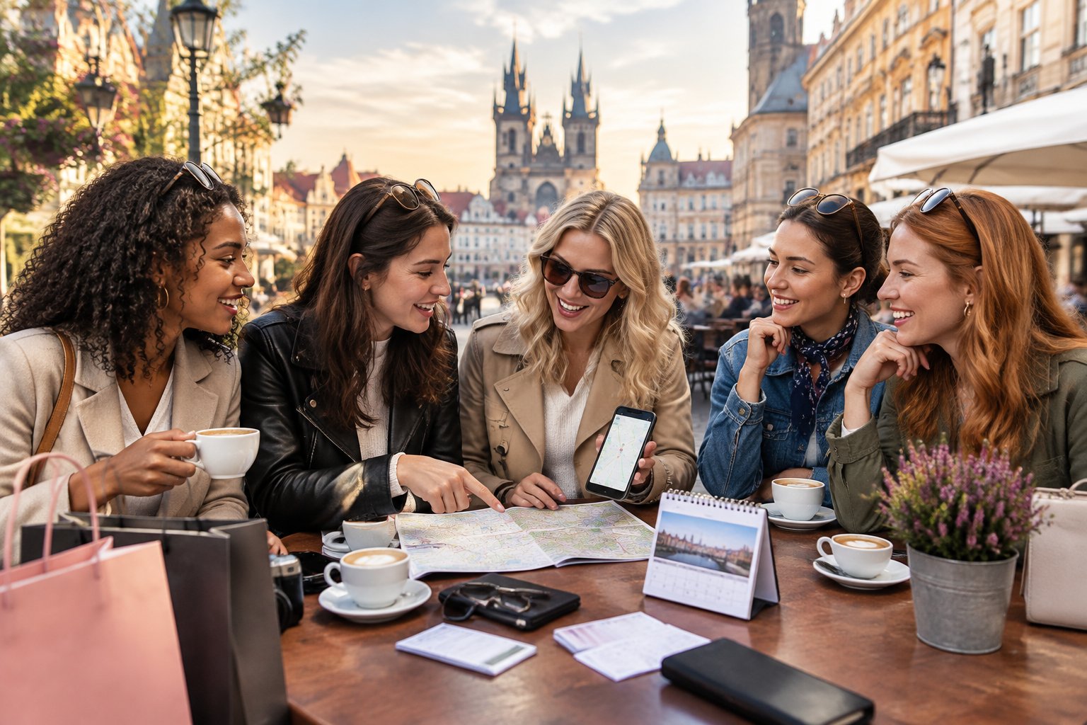 A group of women planning an affordable city celebration at an outdoor café in an eastern European city.