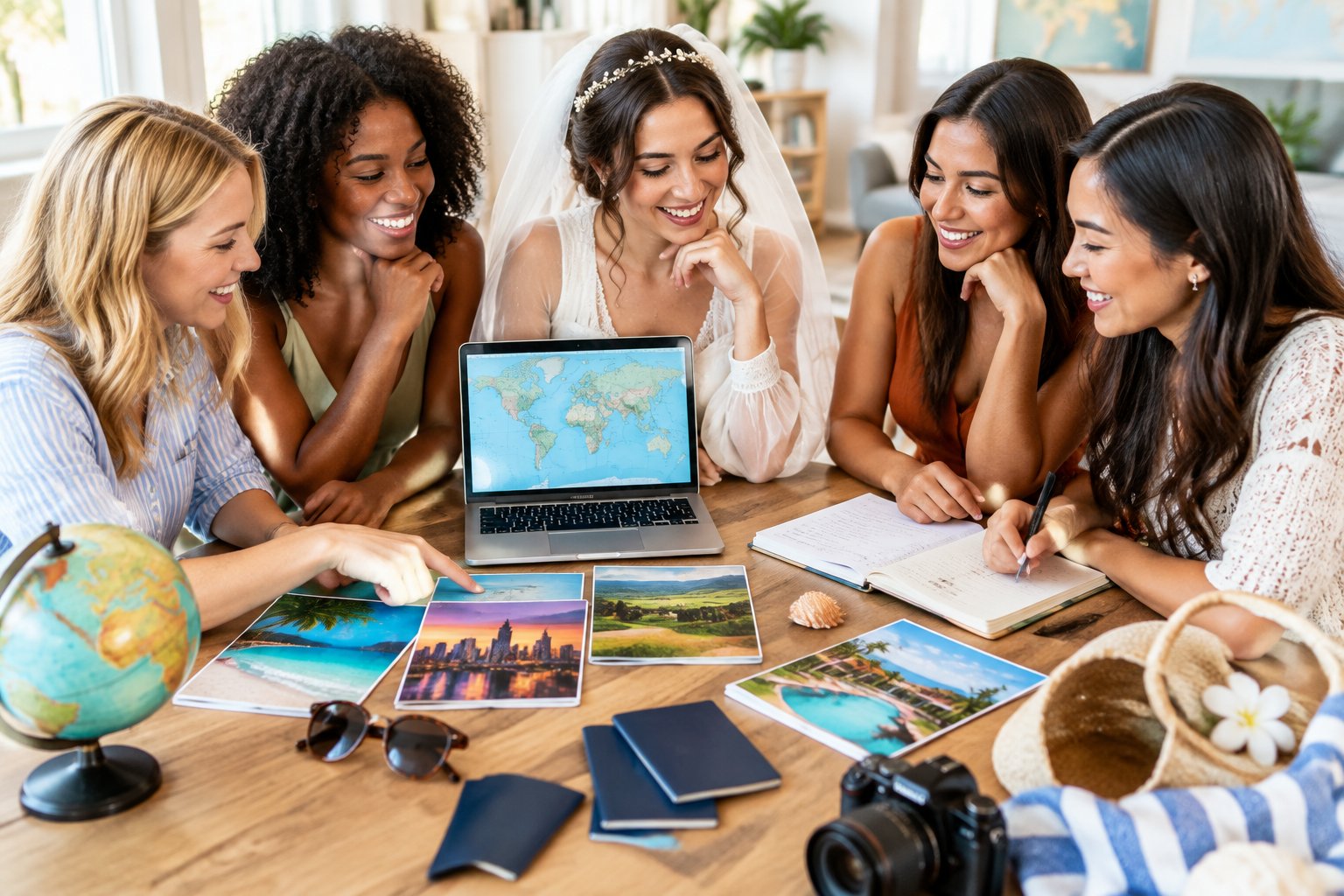 A bride-to-be and her friends compare travel ideas and plan a hen party around a table.