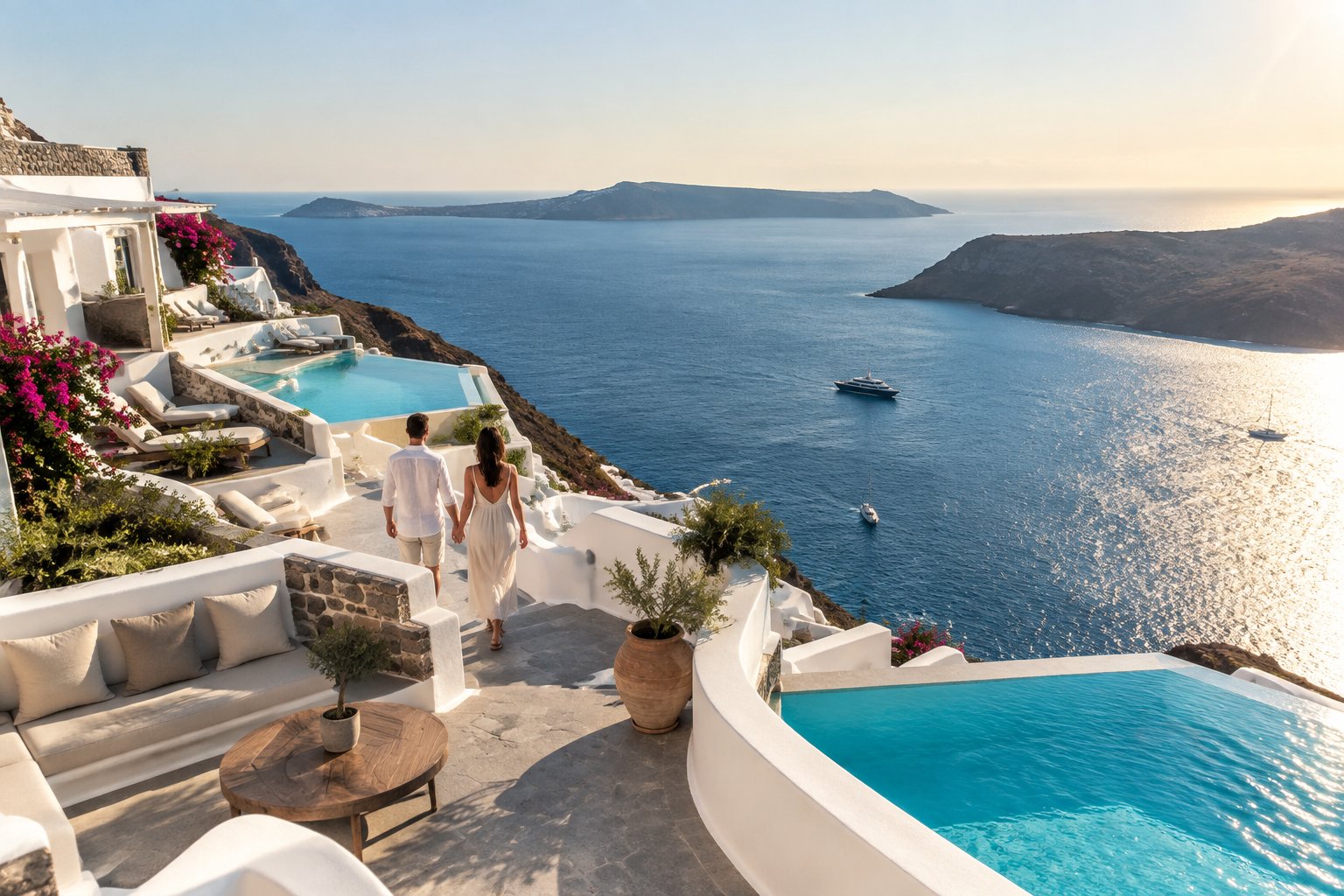 A couple walks through a luxurious whitewashed Greek resort overlooking the blue Aegean Sea.