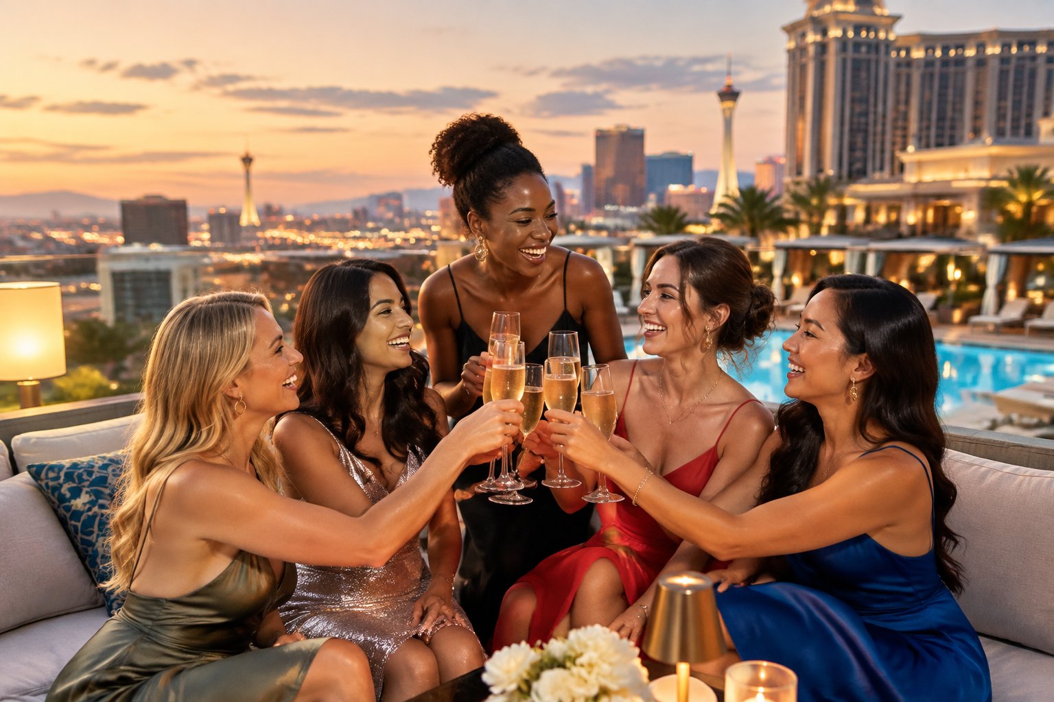 A group of friends celebrating together on a luxury rooftop terrace overlooking a city skyline.