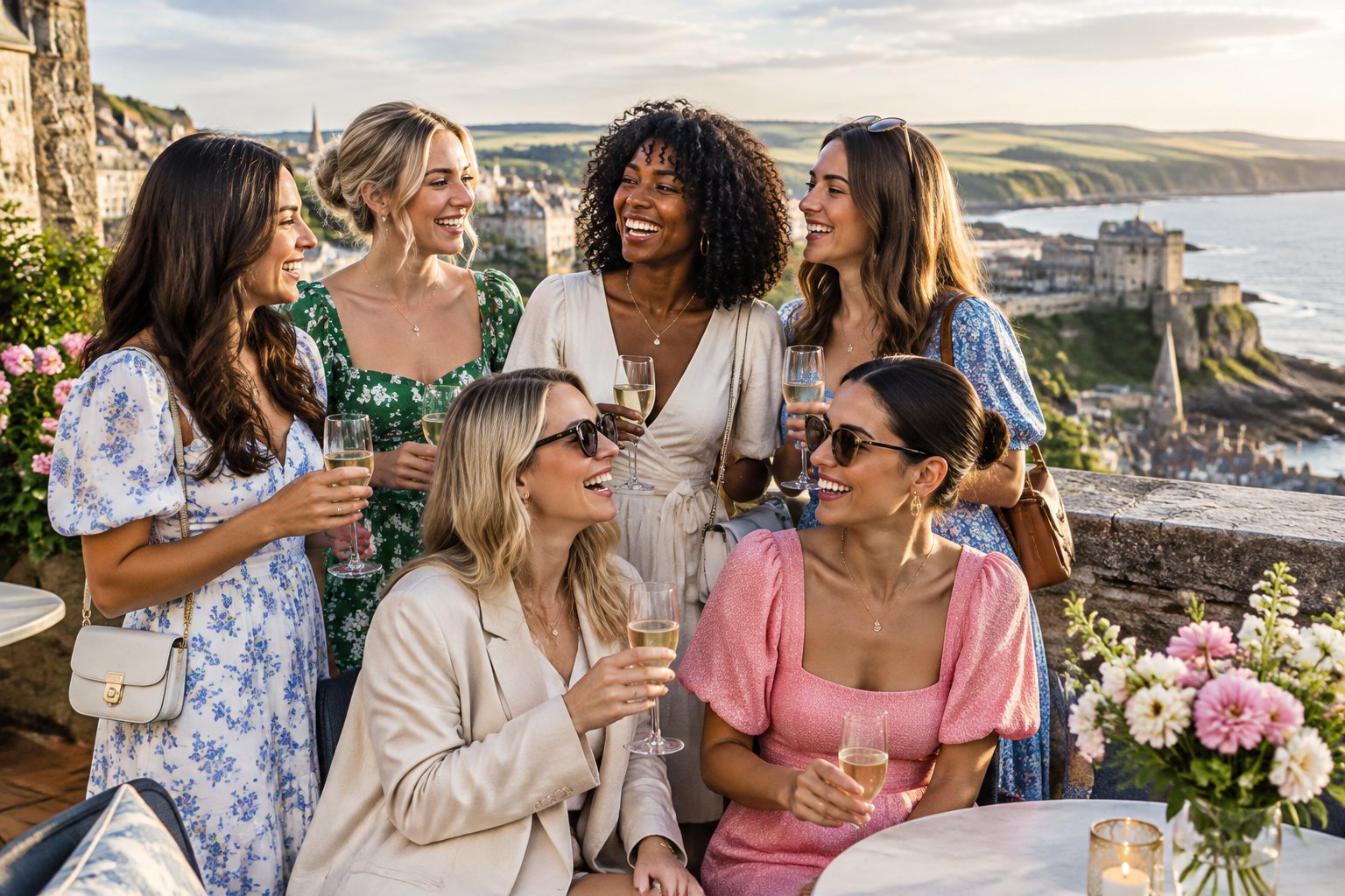 A group of friends laughing together during a scenic UK weekend getaway.
