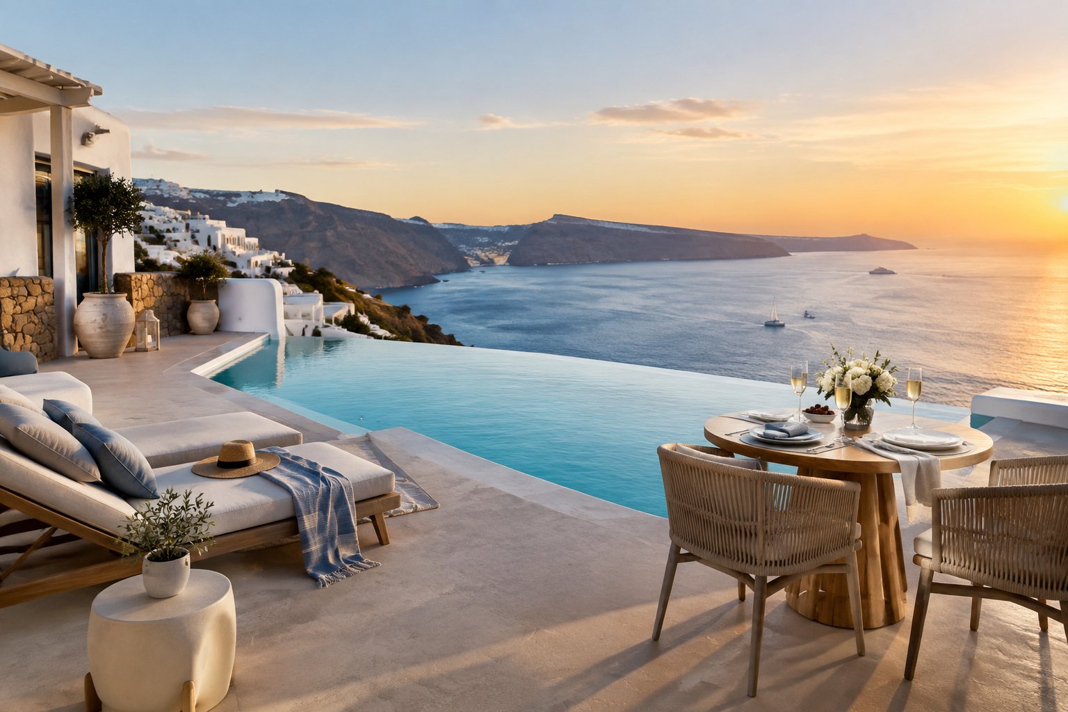 A luxurious Greek island resort terrace overlooks the Aegean Sea, with an infinity pool and a table set for two.