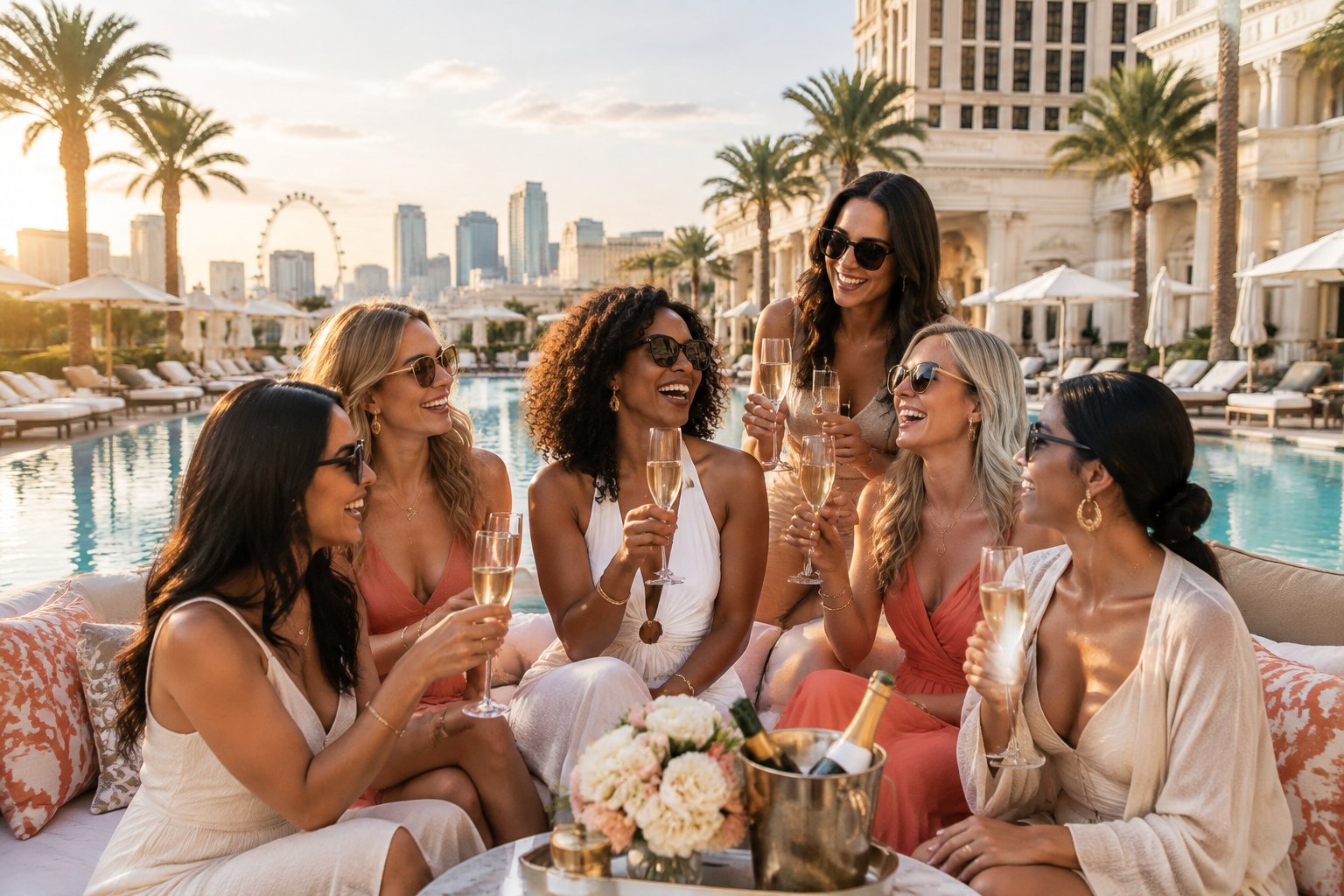 A group of friends celebrating together beside a luxurious rooftop pool at a resort.