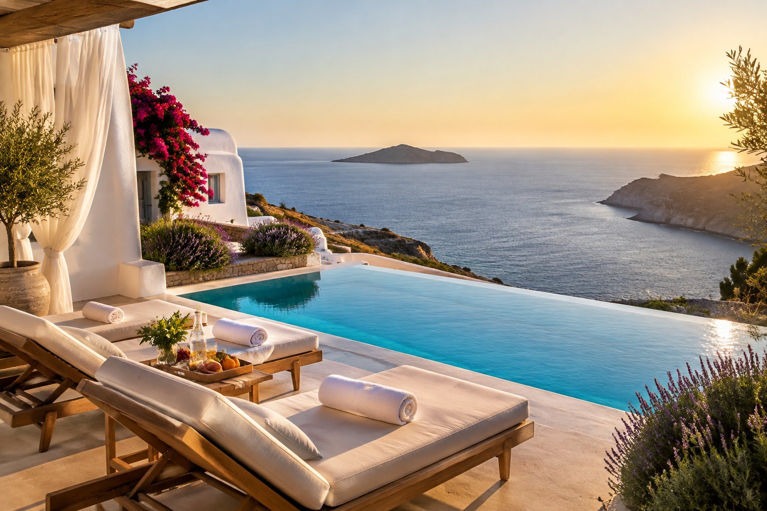 A luxury Greek island villa with an infinity pool overlooking the blue Aegean Sea.