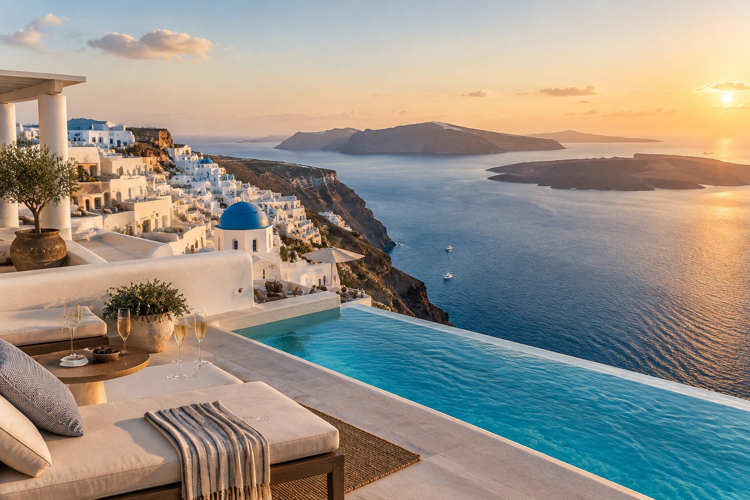A luxury Santorini resort terrace overlooks the blue Aegean Sea and whitewashed caldera villages.