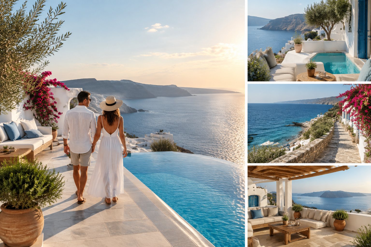 A couple walks through a sunlit Greek island resort overlooking the blue Aegean Sea.