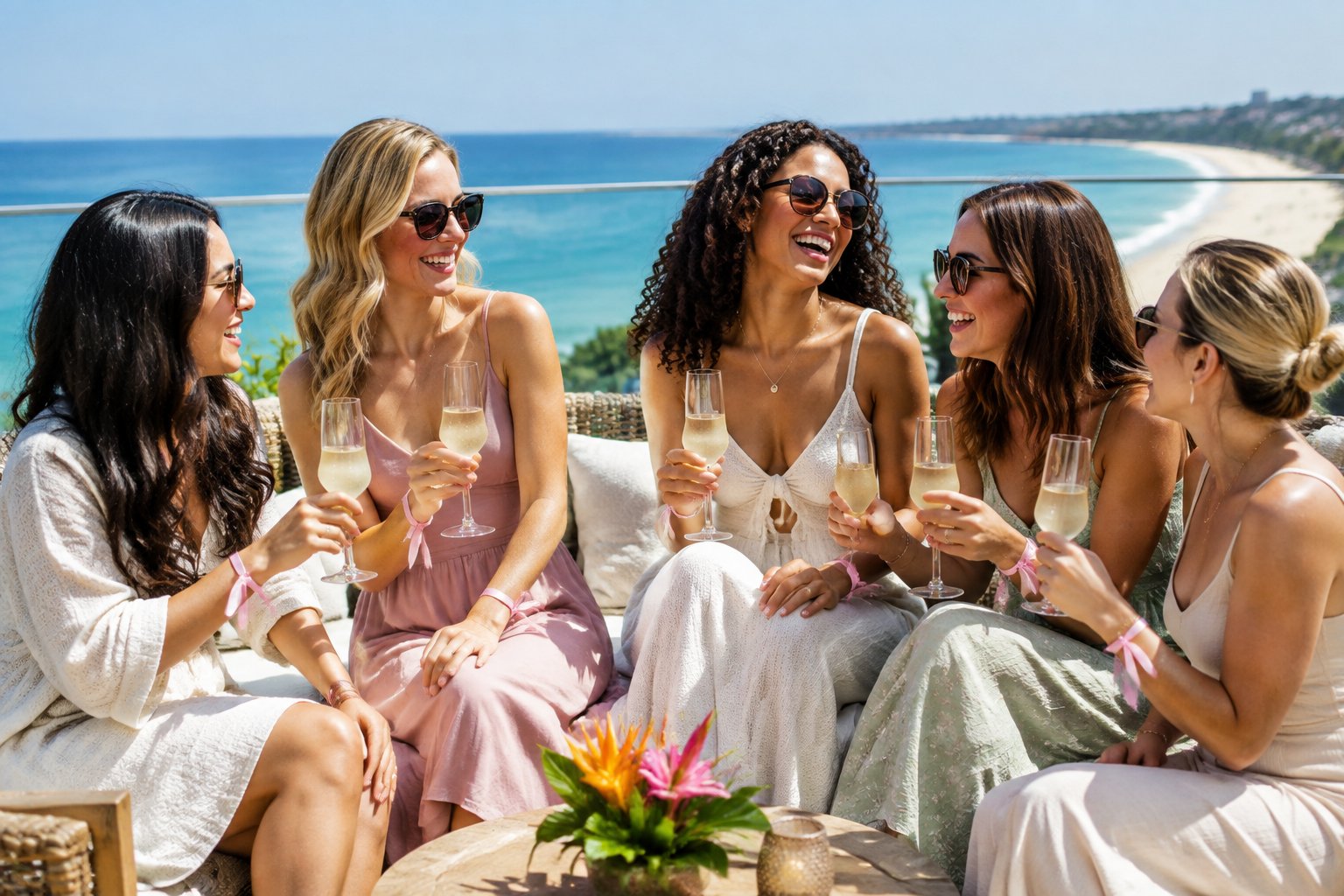 A group of women friends enjoying a sunny getaway together on a seaside hotel terrace.