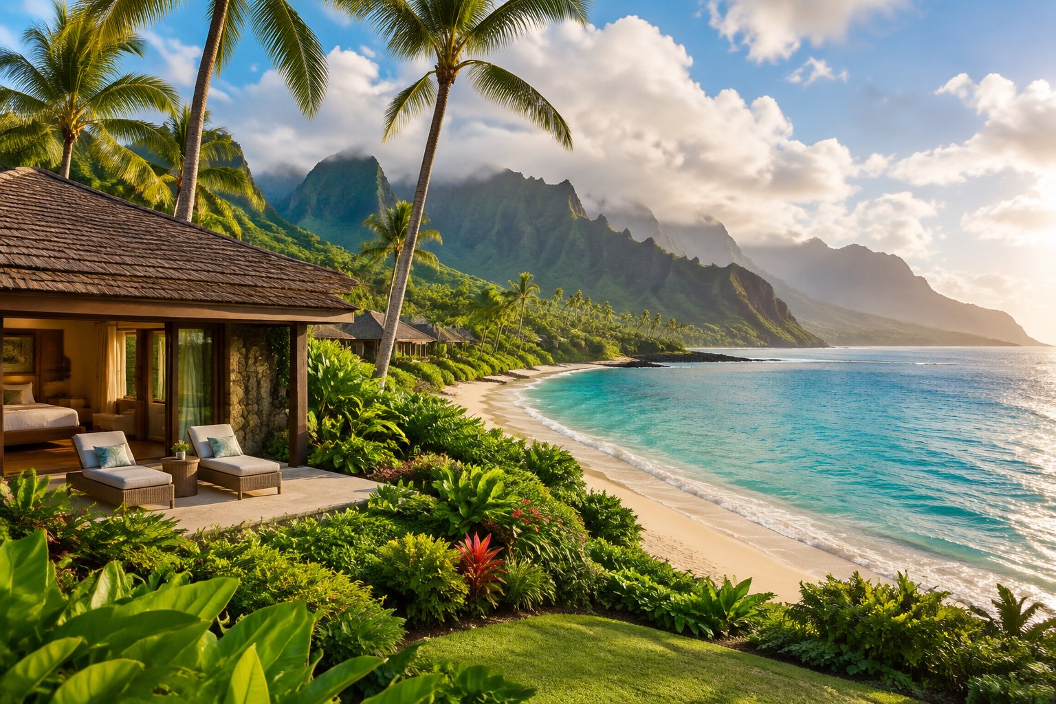 A tropical honeymoon resort on Kauai beside a white-sand beach, with palm trees, turquoise water, and green mountains in the background.