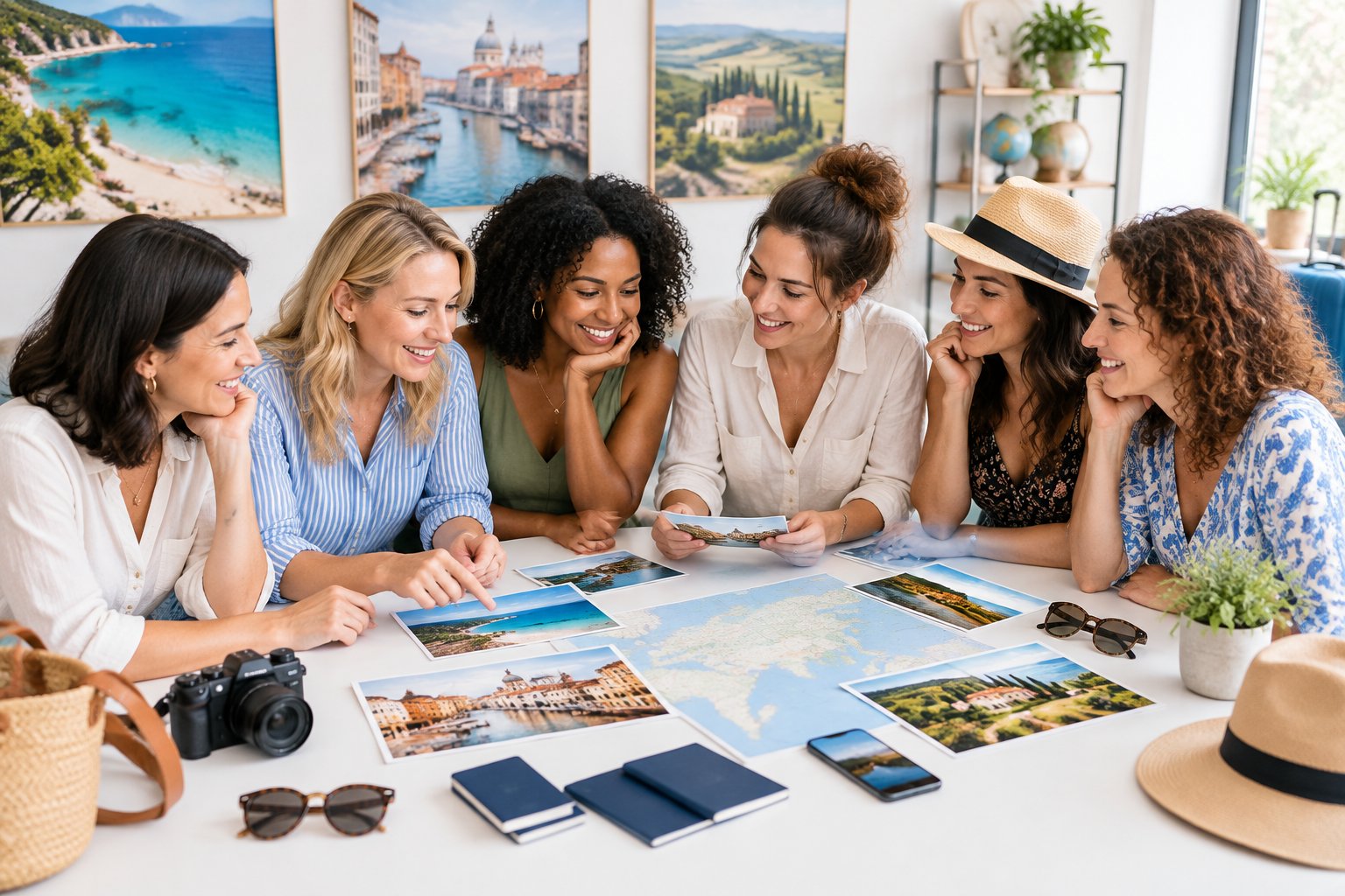 A group of women comparing travel ideas for a getaway around a table.