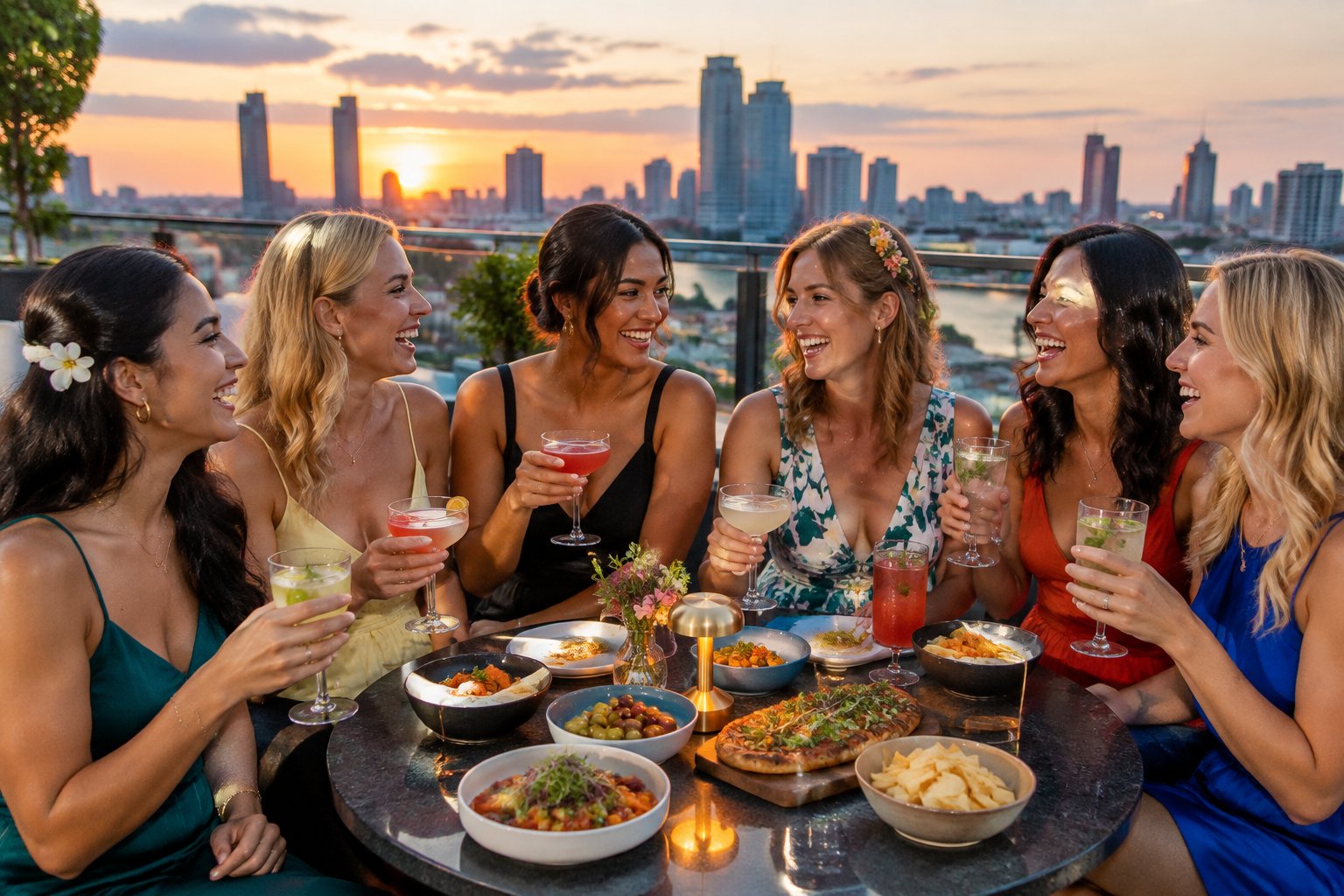 A group of friends celebrating a hen party with cocktails and sharing plates at a rooftop bar overlooking a city.