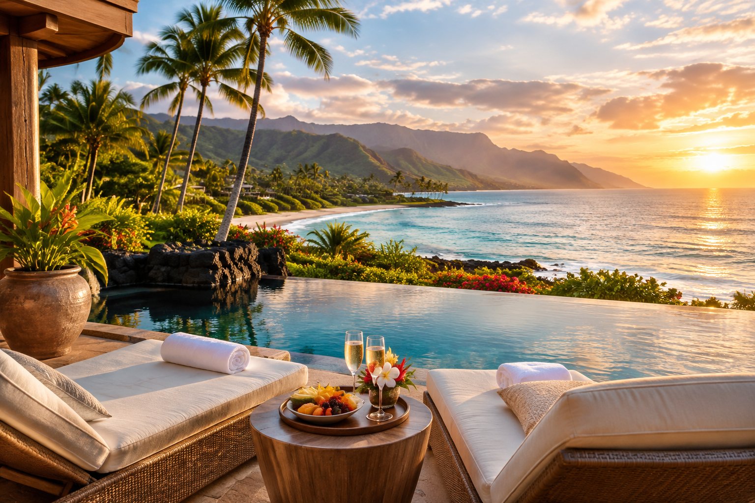 Luxury beachfront resort terrace overlooking the turquoise ocean and lush Kauai coastline.
