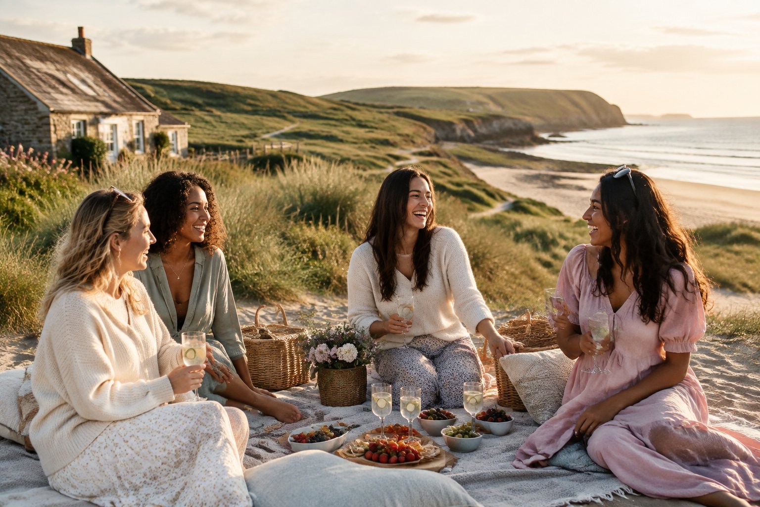 A group of friends enjoying a relaxed picnic and walk by a peaceful coastal countryside beach.
