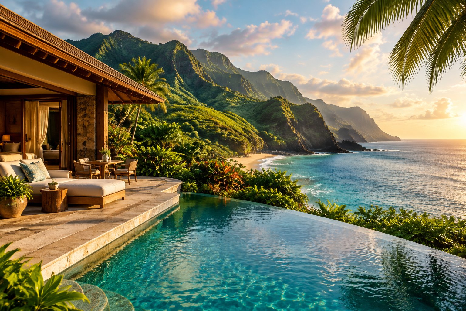 A secluded luxury resort villa overlooking a tropical beach, turquoise ocean, and lush green mountains on Kauai.