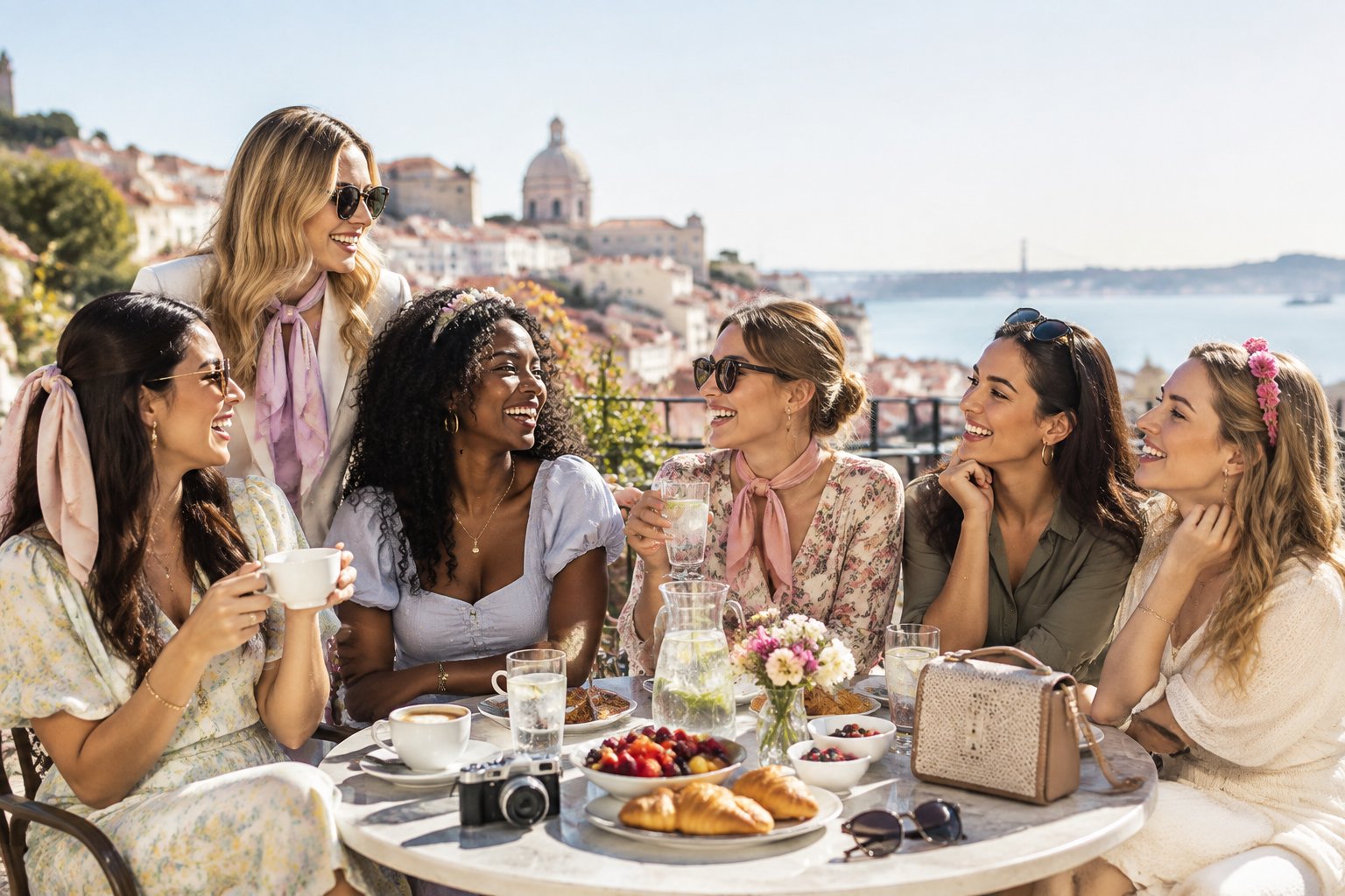 A group of women friends celebrating together at an outdoor café terrace overlooking a European city.