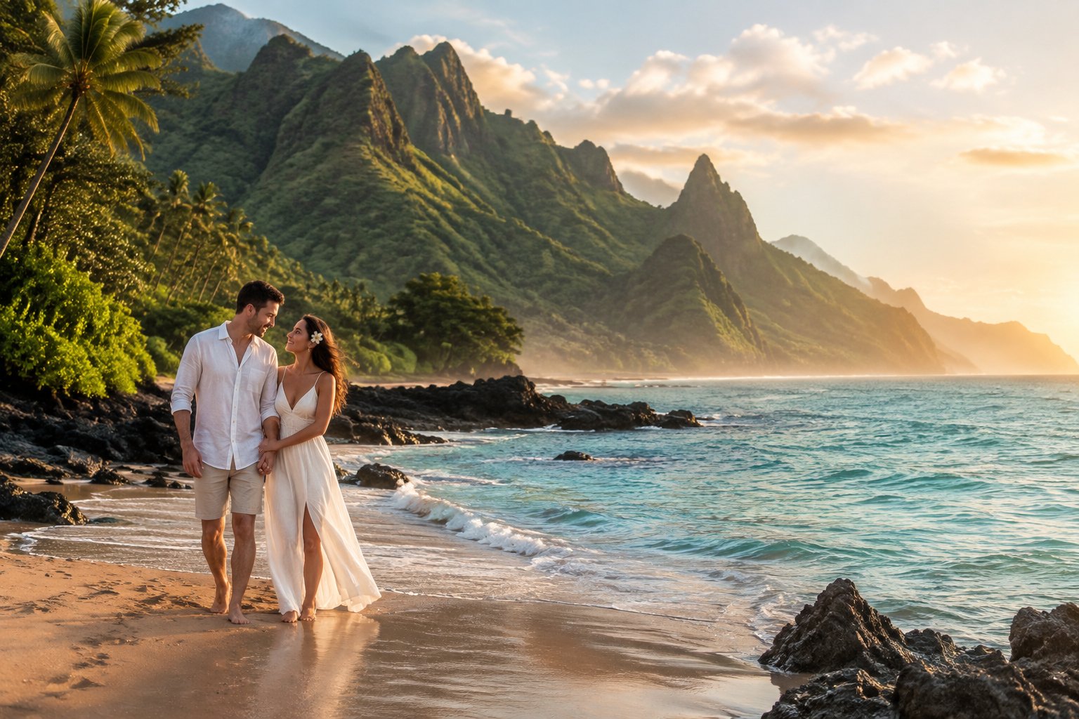 A honeymoon couple walks hand in hand along a scenic tropical beach on Kauai.