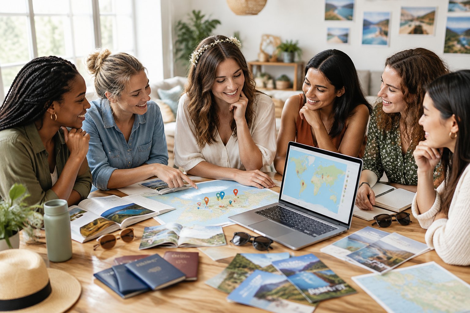 A bride-to-be and her friends compare travel options around a table while planning a group destination.