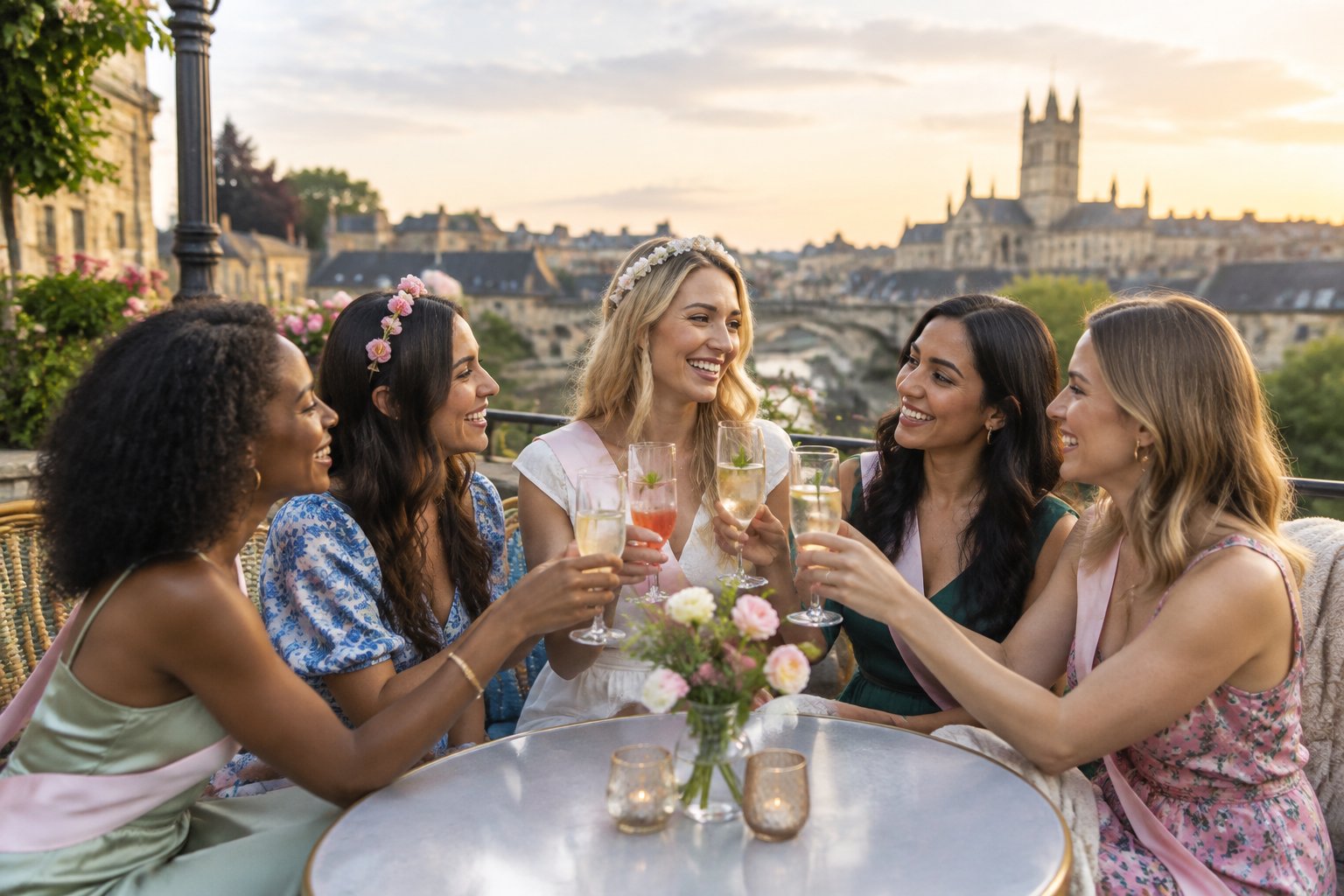 A group of friends celebrating together at an elegant outdoor venue in a charming UK destination.