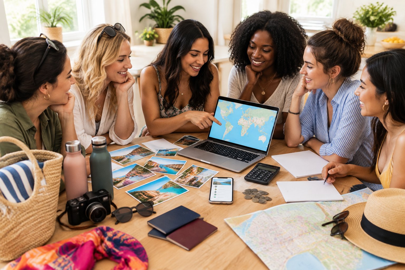 A group of women planning an affordable hen party trip around a table with travel items and a laptop.