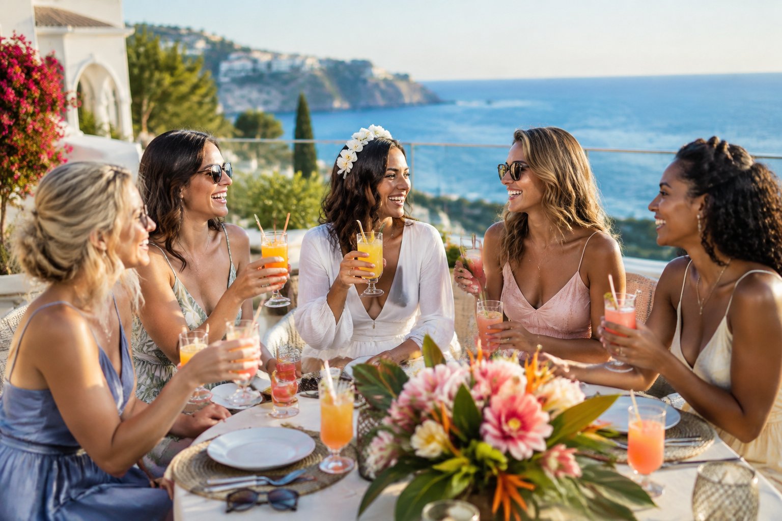 A group of women celebrating a hen party together on a sunny Mediterranean rooftop overlooking the sea.