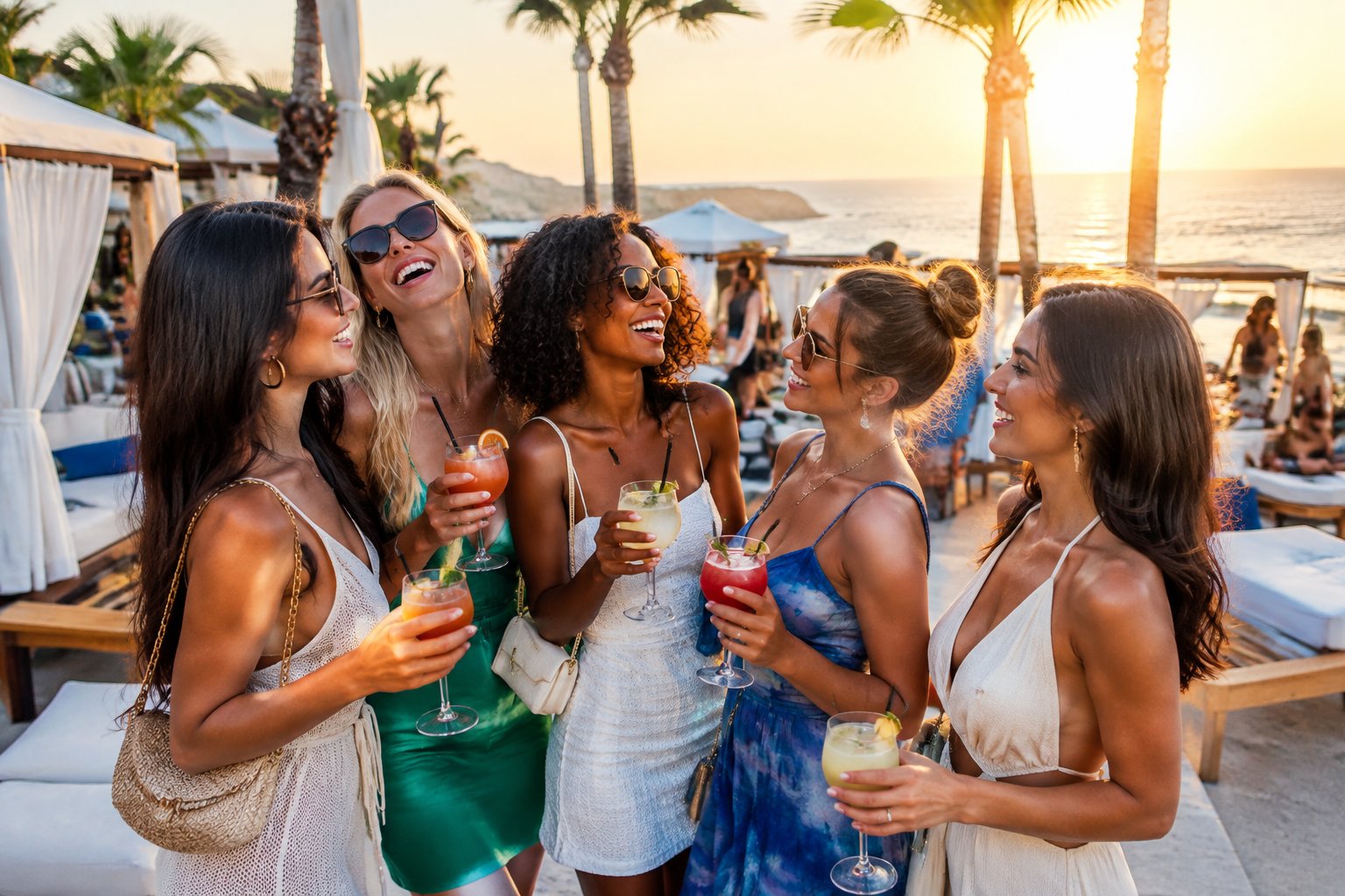 A group of friends celebrating together at a stylish seaside beach club during sunset.