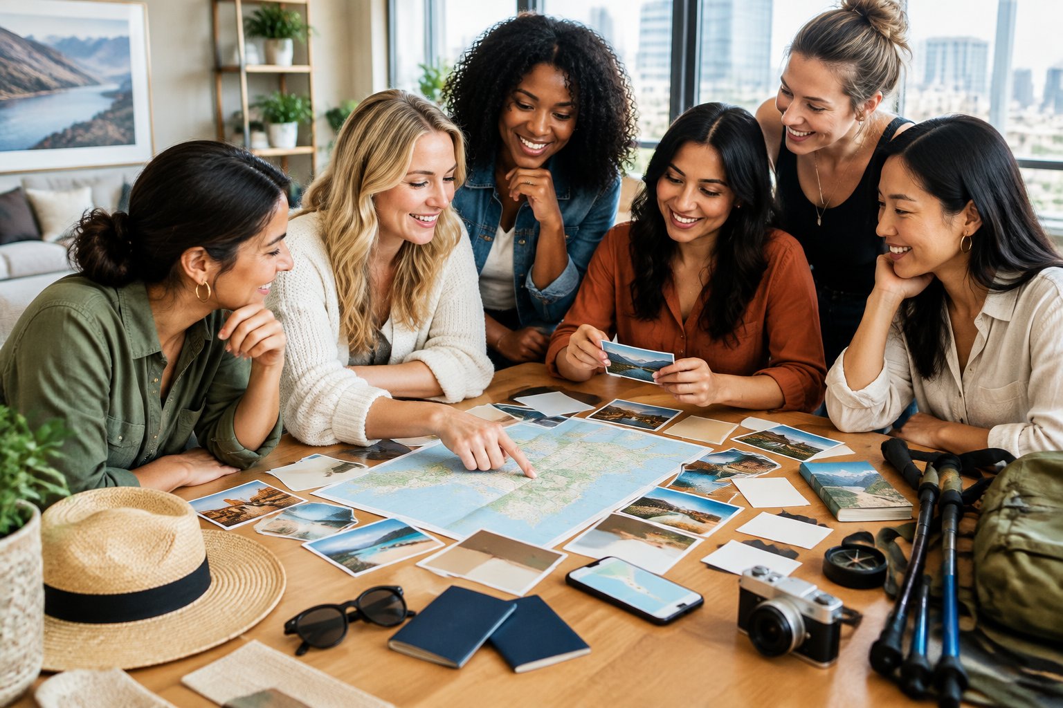 A group of women friends compares travel and adventure options while planning a getaway together.