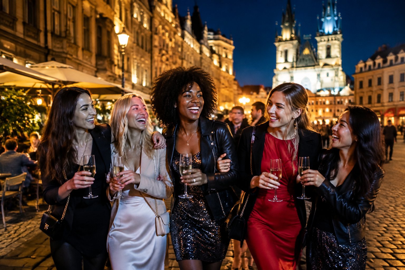 A group of women friends celebrating together on a lively European city street at night.