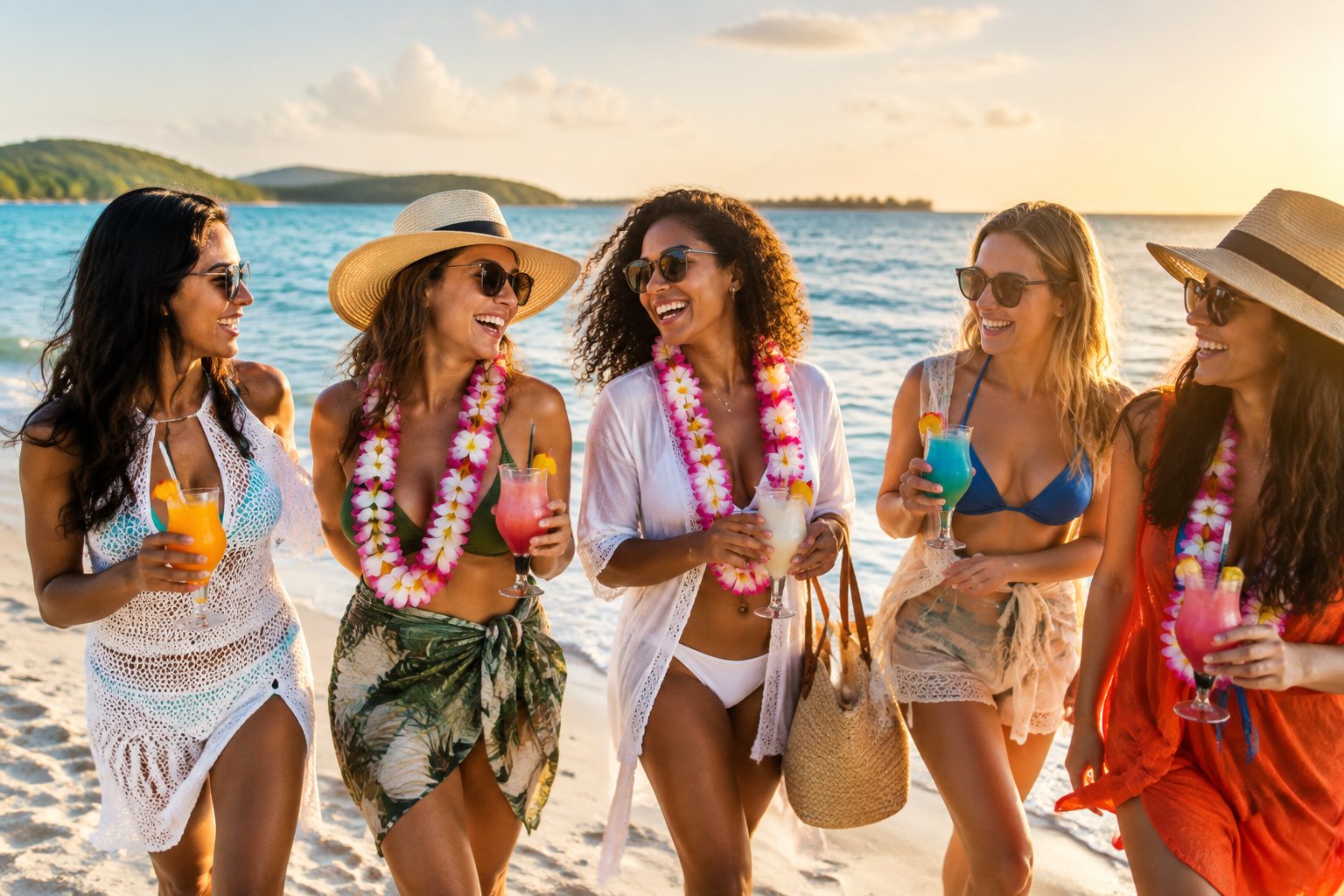 A group of friends celebrating together on a sunny tropical beach beside turquoise water.