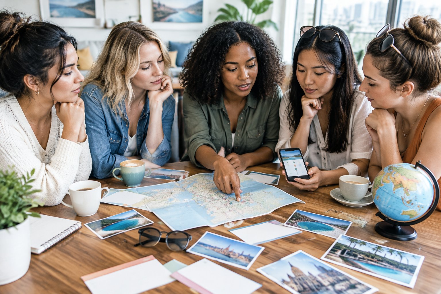 A group of women compares maps and travel-planning materials while discussing a future celebration trip.