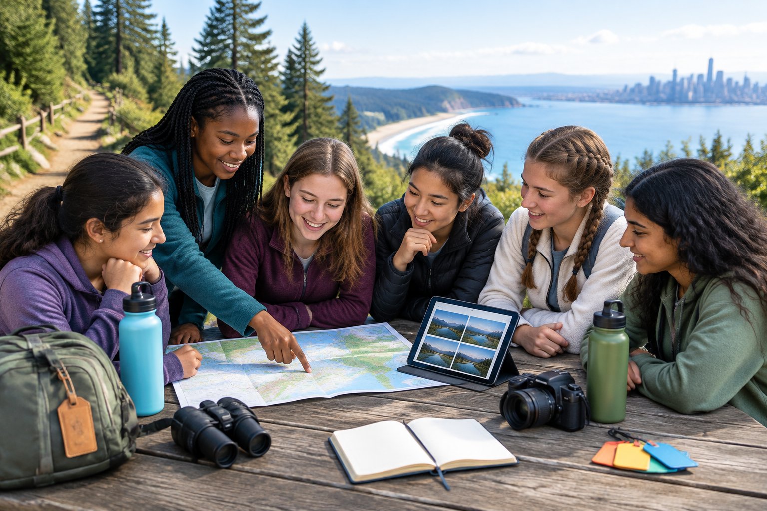 A diverse group of girls gathers around a picnic table to plan a trip using a map and travel supplies.