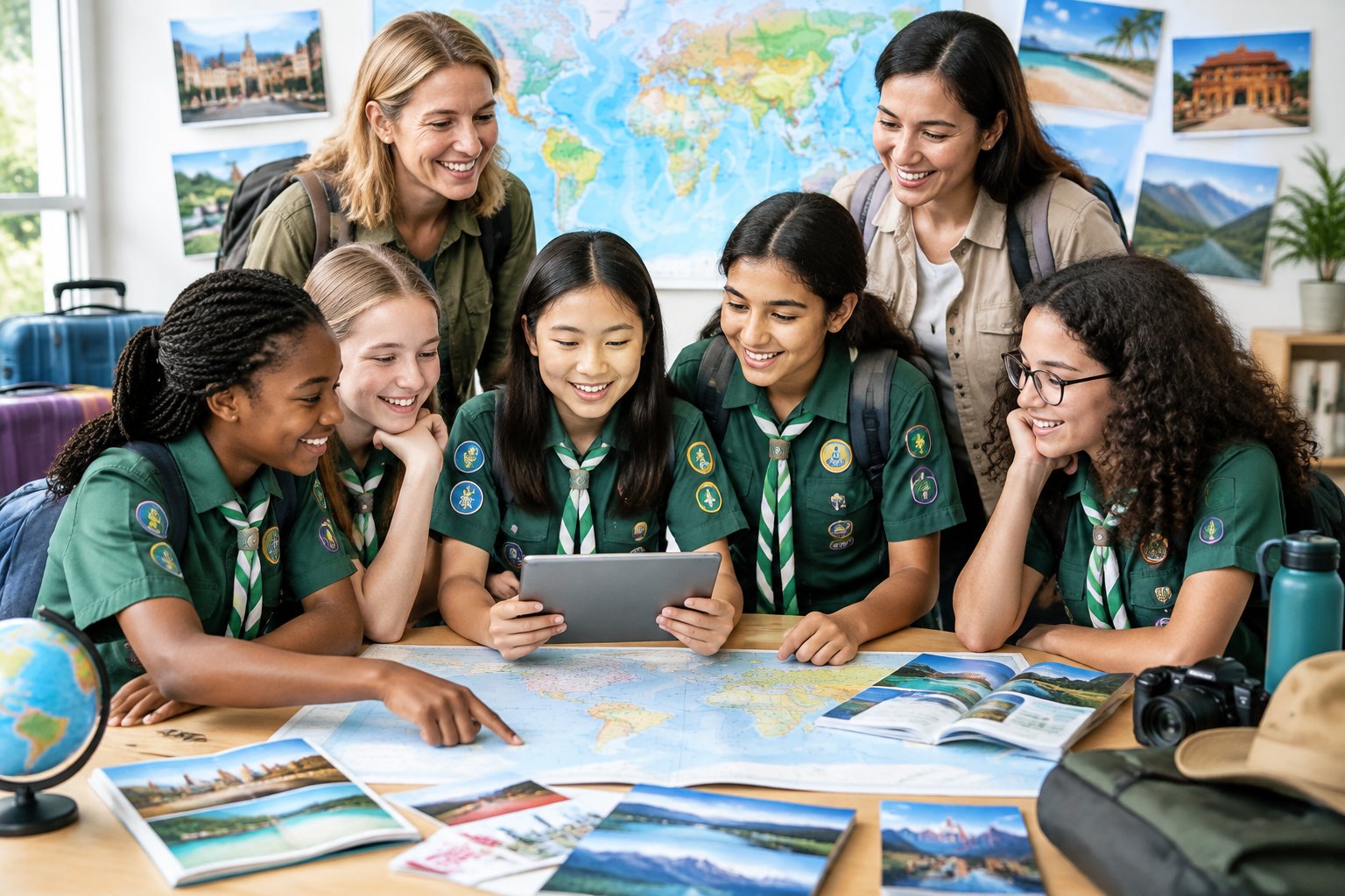 Girl Scouts and adult leaders plan a supervised group trip around a world map.