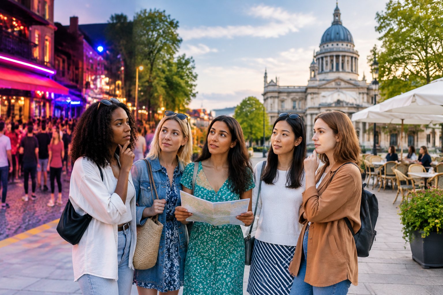 A group of women on a hen party thoughtfully compares a busy nightlife area with a calmer urban travel setting.